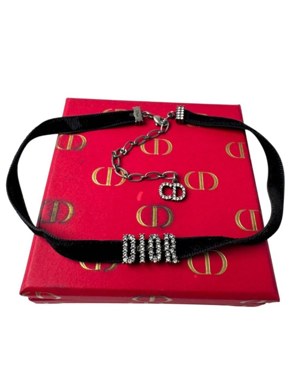 Dior Velvet Choker Crystal Logo Black Necklace